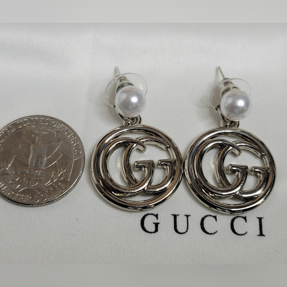 Silver GG Zipper Pull Pearl Studded Dangle Earings